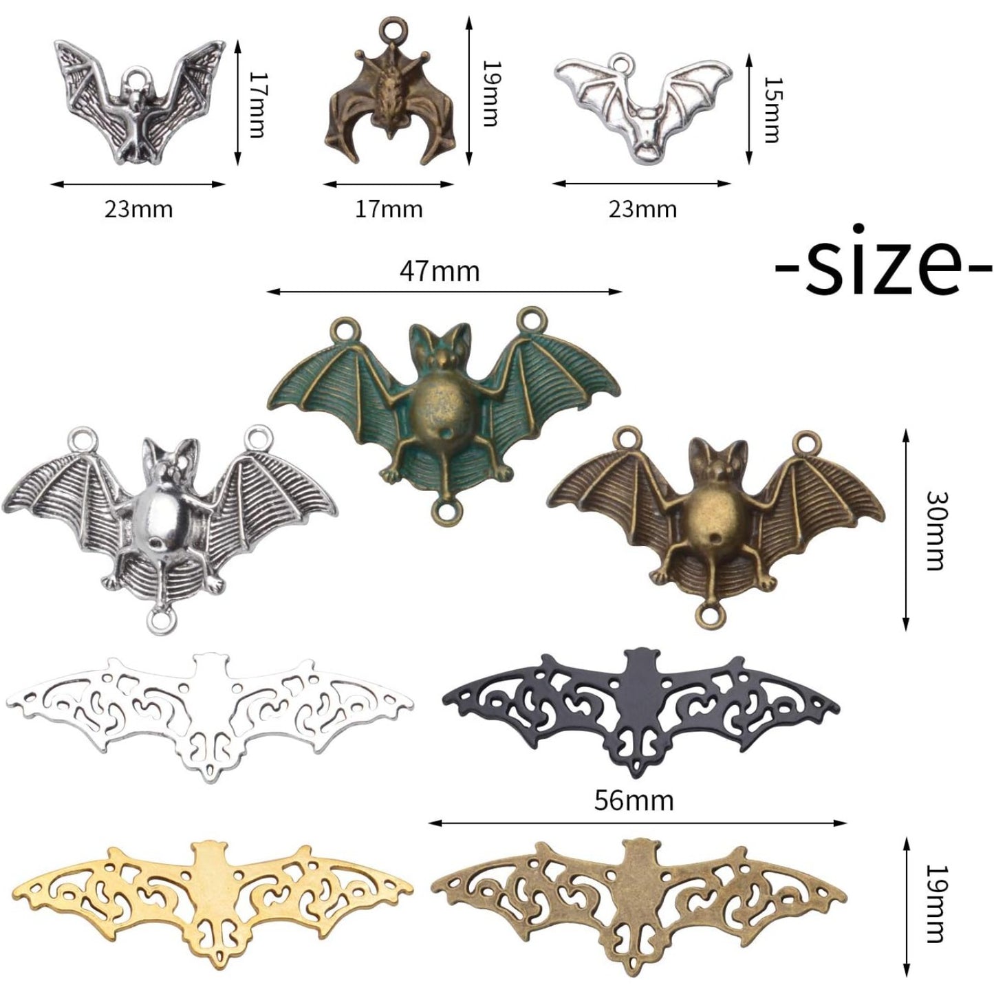 100g (about 30 pieces) Metal Alloy Bat Pendant Charm Mixed Halloween Flittermouse Flying Vampire Connector Charms for Jewelry Making Bracelet Necklace