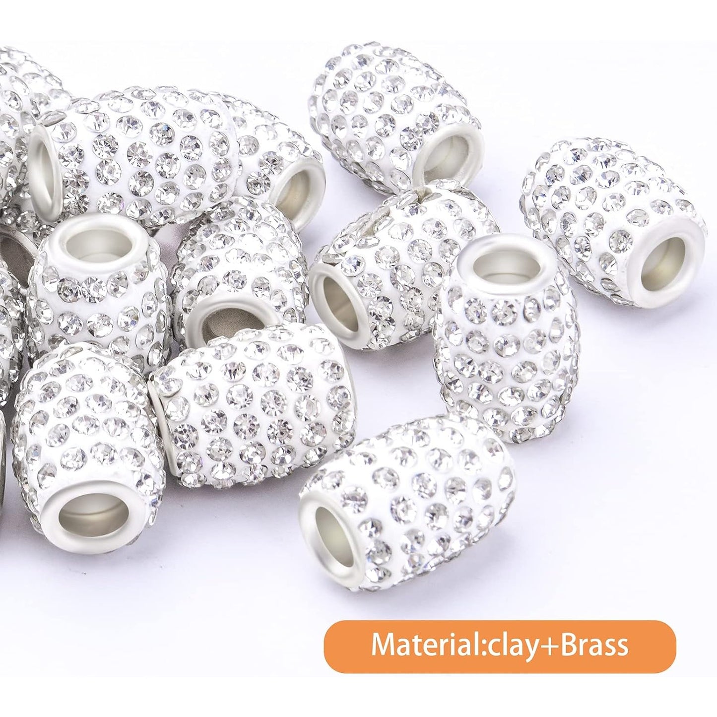 30pcs Rhinestone Barrel Beads Polymer Clay Crystal European Beads Loose Charm Beads with 5.2 mm Large Hole for DIY Snake Chains Bracelet Jewelry Making Accessories, White