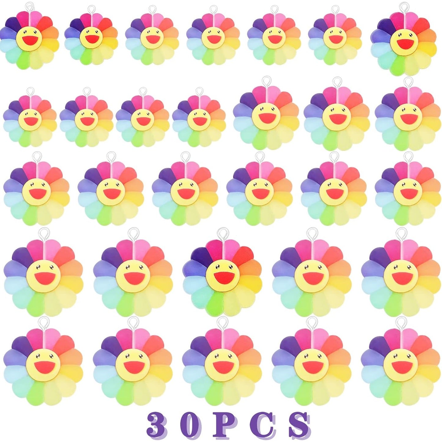 30pcs 3 Sizes Smiley Sunflower Charms Resin Sun Flower Dangle Pendants Smiley Face Charm Jewelry Accessories for DIY Bracelet Necklace Earrings Making