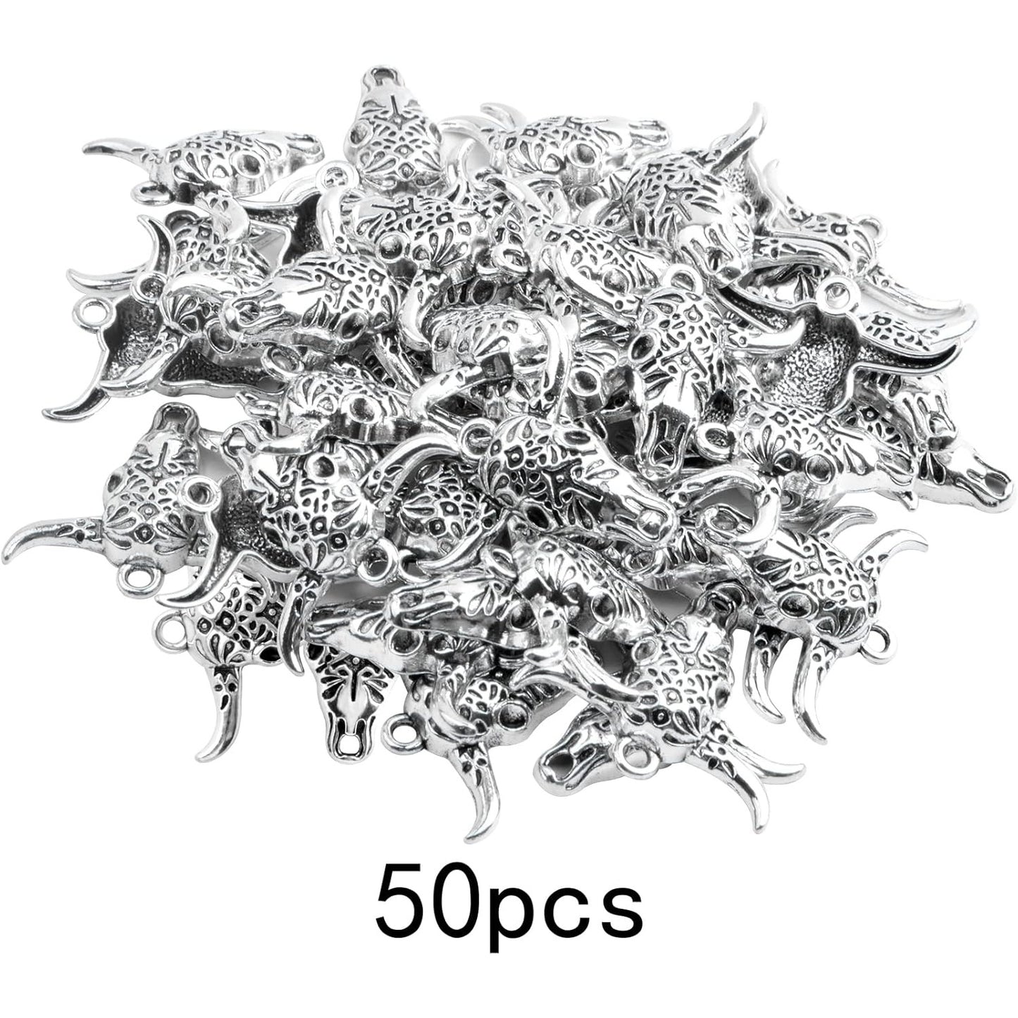 50pcs Antique Silver Hollow Cow Skull Charms Vintage Alloy Western Animal Pendant Cattle Head Dangle Charms for DIY Necklace Bracelet Keychains Jewelry Craft Making