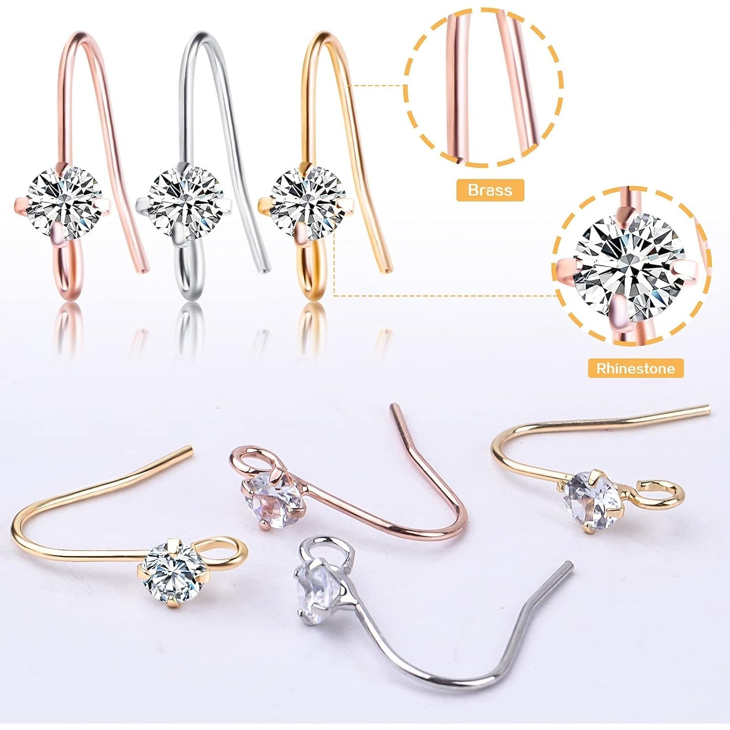 30pcs 3 Colors French Diamonds Earring Hooks Brass Ear Wire Fish Hook Earrings Hypo-allergenic Elegant Dangle Earrings for DIY Jewelry Crafts Making Wedding Prom
