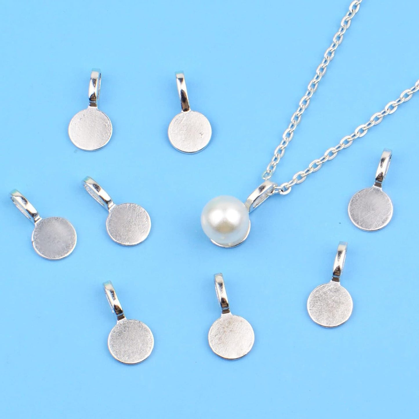 100pcs Silver Glue-on Flat Pad Bails Pendants Charms Connector Hanger for DIY Necklace Earrings Jewelry Making Accessories, 18 mm x 9 mm