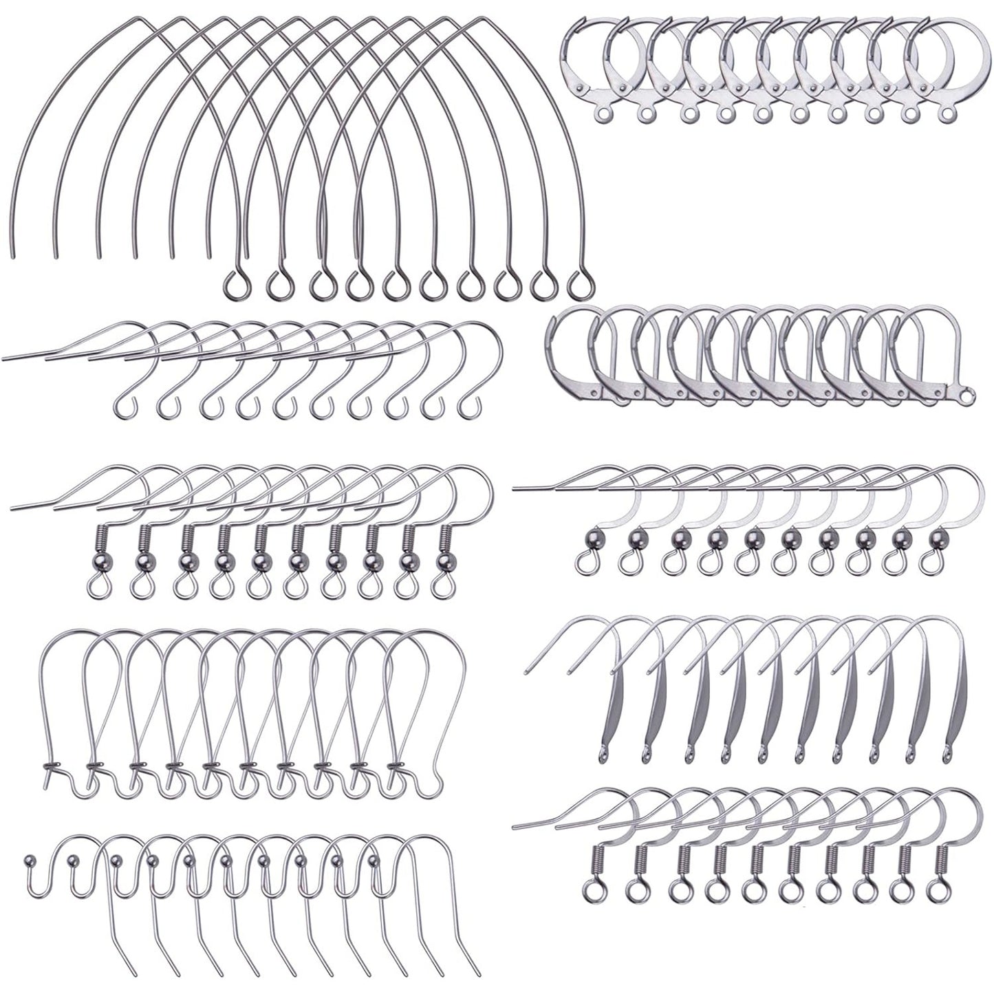 100pcs Stainless Steel Earring Hooks Set Round French Hooks Ear Wire with Ball Hypoallergenic Fish Hook Earwires Jewelry DIY Earrings Making for Women, 10 Styles