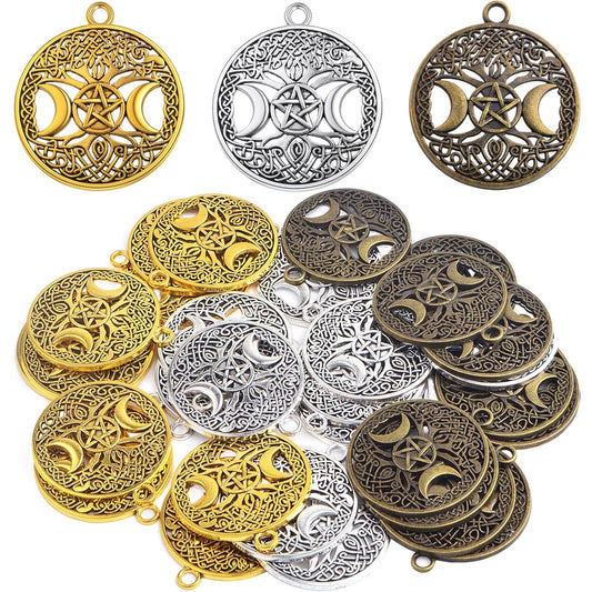 30pcs Vintage Tree of Life Charms with Pentagram Triple Moon Goddess Tibetan Alloy Round Pentacle Star Dangle Pendants for DIY Jewelry Making Crafts Decor, 3 Colors