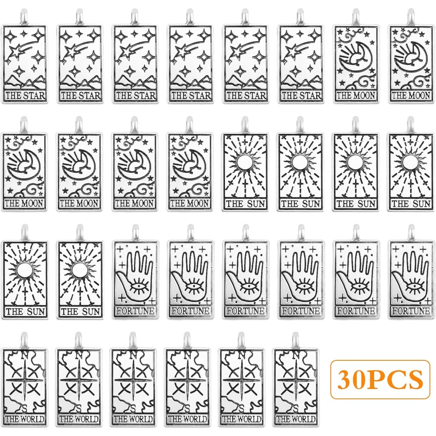 30pcs Antique Silver Rectangle Tarot Card Charms Vintage Alloy Sun Moon Star Fortune Good Luck Amulet Magic Dangle Pendants for DIY Earrings Jewelry Making Supplies, 5 Styles