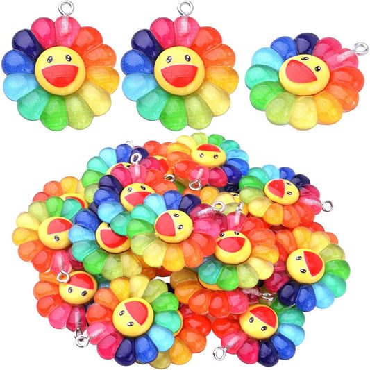 20pcs Colorful Smiley Sunflower Charms Resin Rainbow Smiling Face Flower Pendants Sunflower Beads Charm Collection Crafts for DIY Bracelet Necklace Earring Jewelry Making