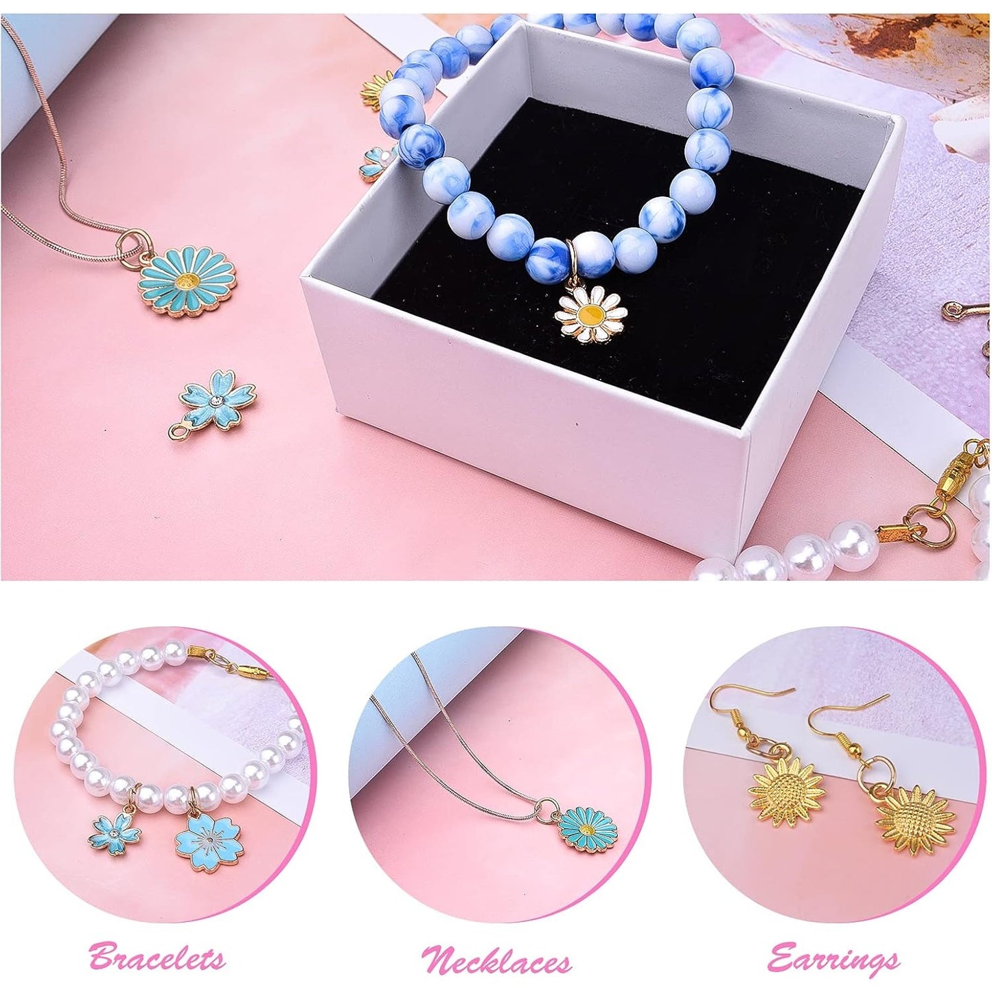 60pcs Mixed Enamel Flower Charms Alloy Sunflower Rose Flower Pendants Sweet Dangle Charms Jewelry Making Accessories for DIY Necklace Bracelet Earring Craft Supplies