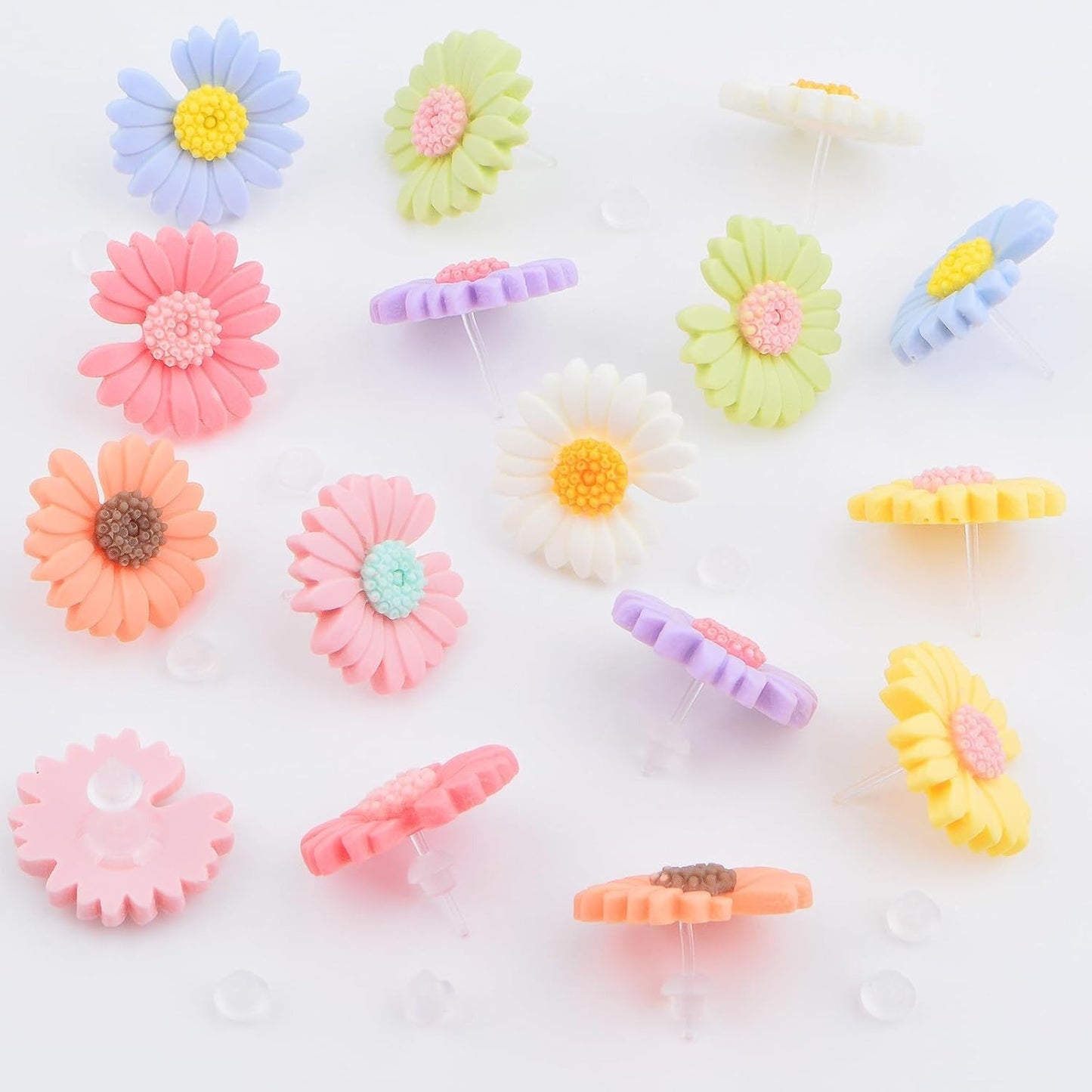 8 Pairs Sweet Resin Daisy Sunflower Stud Earrings Cute Chrysanthemum Earring Post Studs with Earring Safety Backs for Women Sensitive Ears DIY Jewelry Making, 8 Colors