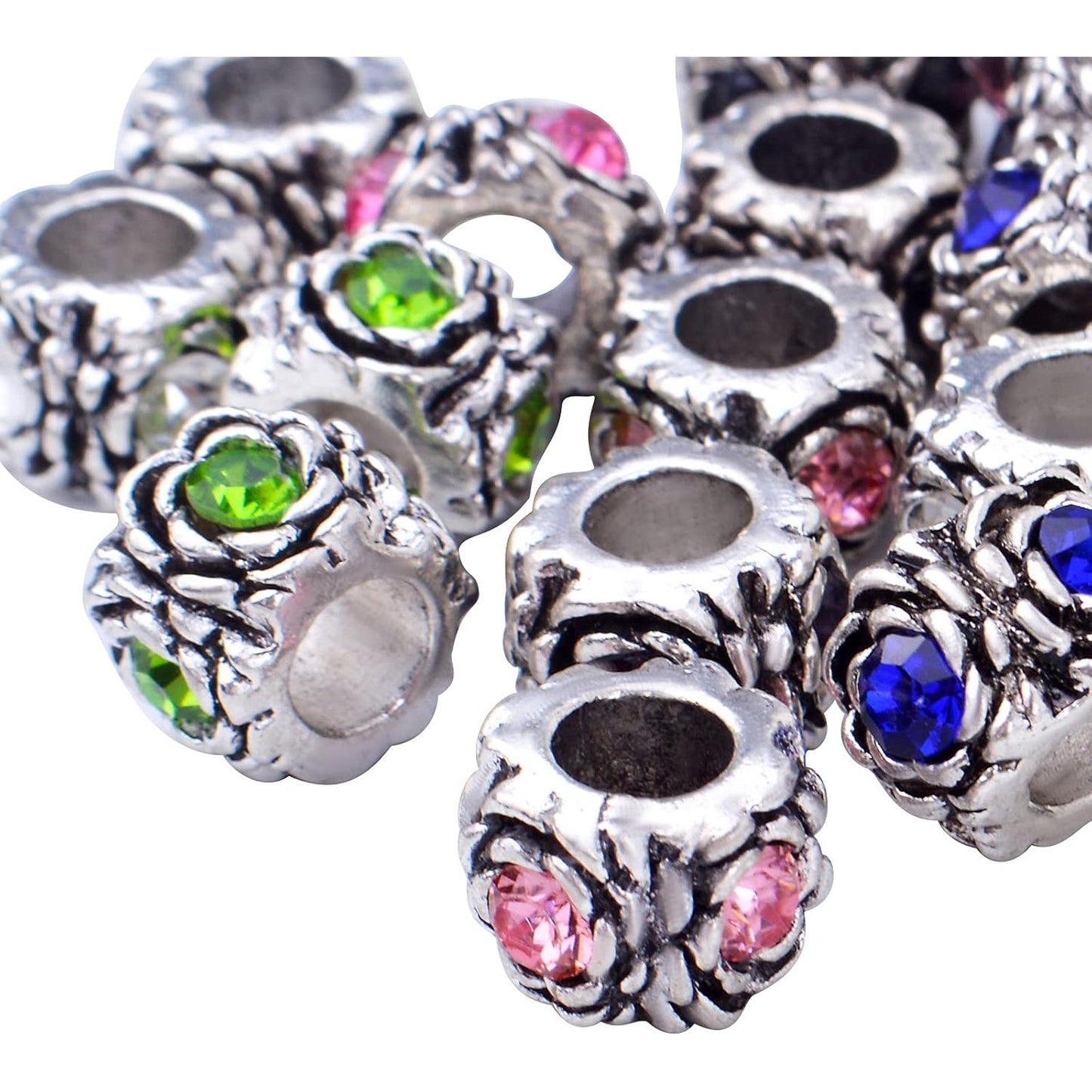 20pcs Large Hole Spacer Beads Rhinestone European Rondelle Spacer Beads Crystal Loose Charm Beads for Snake Chain Bracelets Crafts Jewelry Making Supplies, 10 Styles, Hole: 5.7 mm