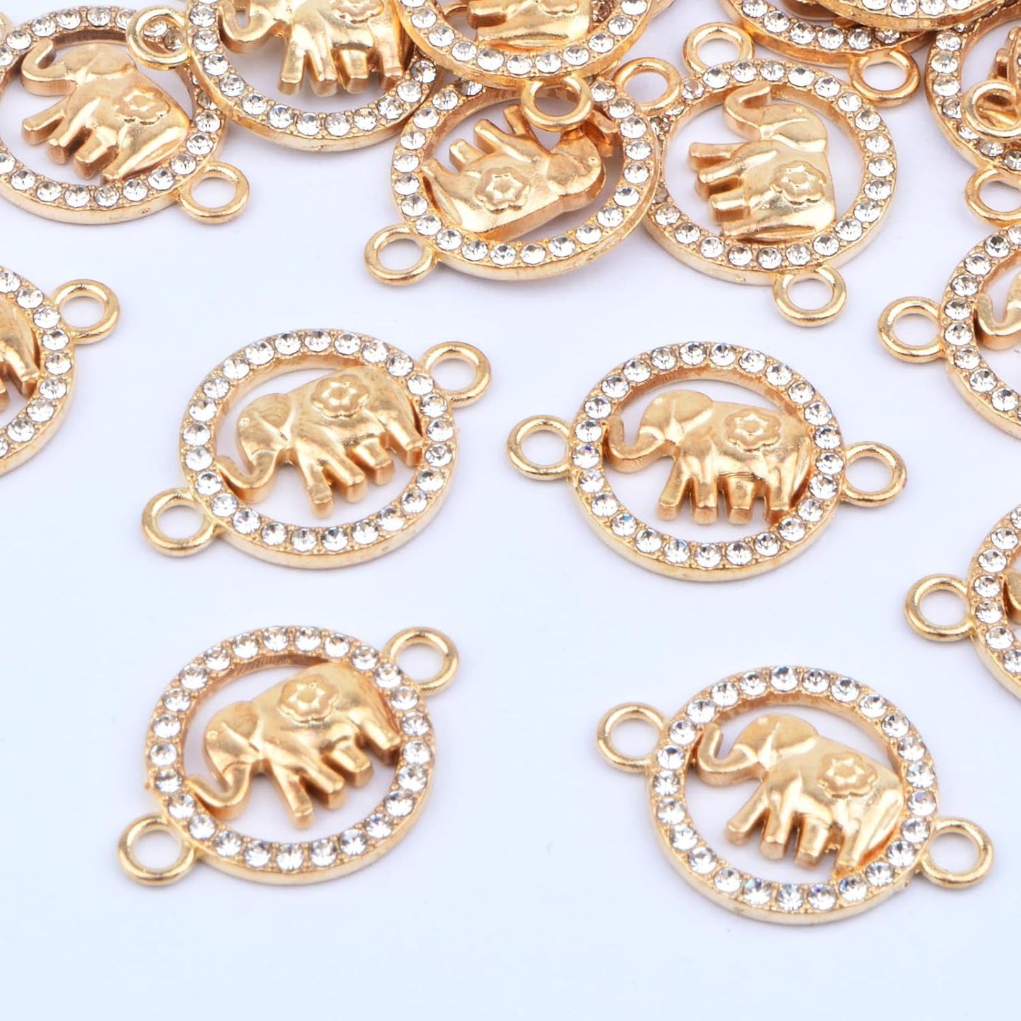 30pcs Golden Rhinestone Elephant Charms Connectors Creative Animal Elephant Double Hole Pendants Links Craft Supplies DIY Bracelet Necklace Keychains Jewelry Making