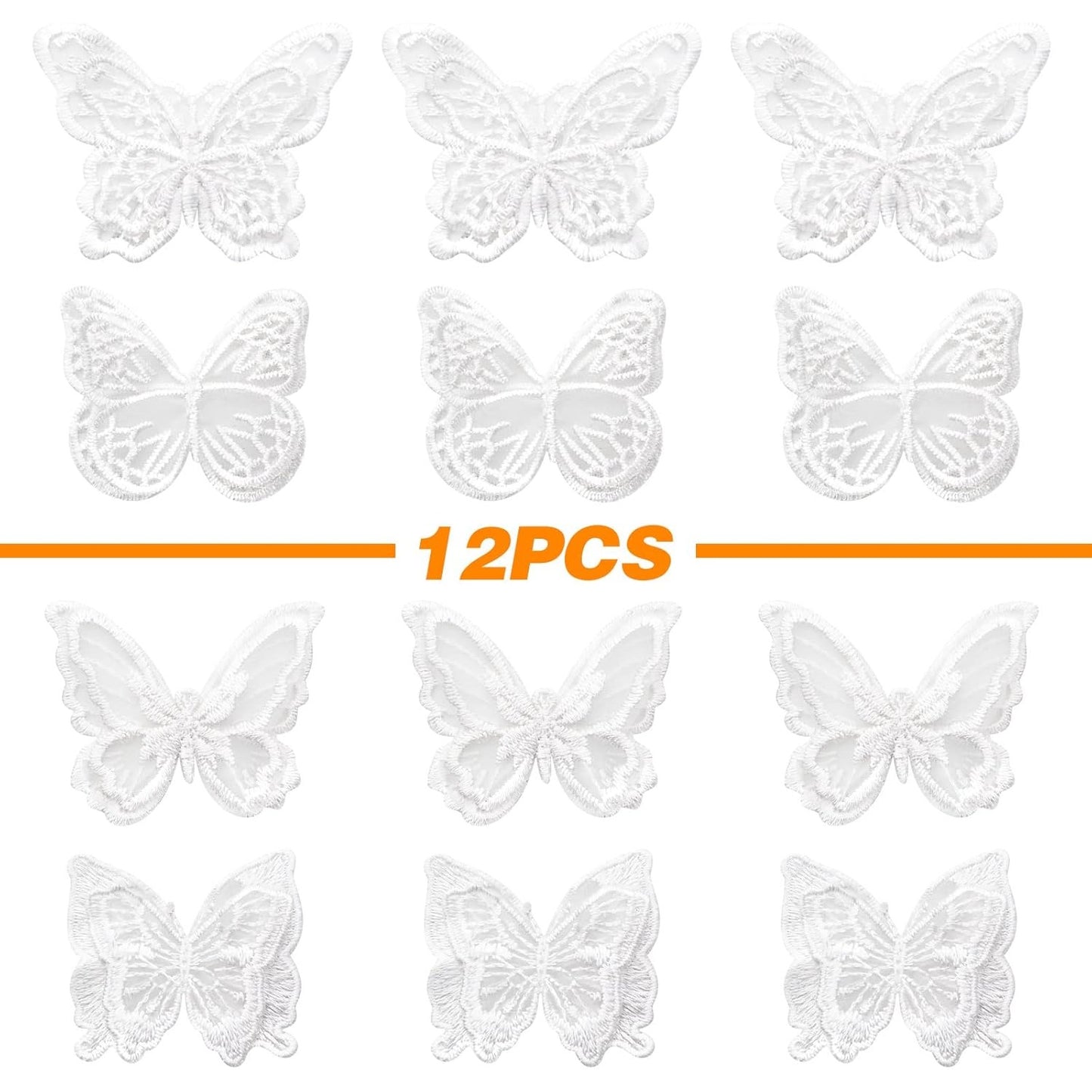 12pcs 4 Styles Lace Butterfly Applique Double Layers Butterfly Embroidered Patches Butterfly Appliques for DIY Crafts Sewing Clothes Dress Hair Ornaments Wedding Decor(White)