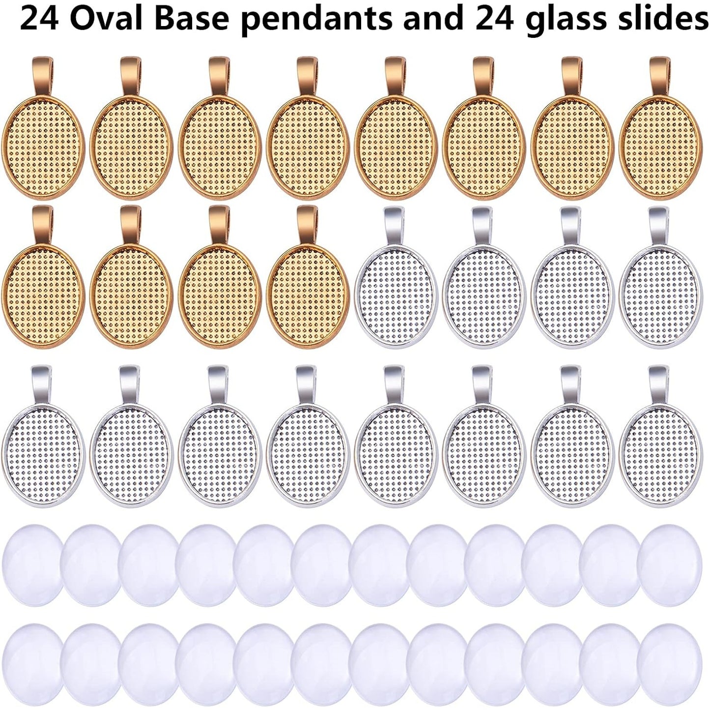 48pcs Bezel Pendant Blanks Set, 24pcs 6 Colors Oval Pendant Trays Bezel Blanks with 24pcs Glass Cabochons Clear Dome Tiles for DIY Bracelet Necklace Jewelry Crafts Making