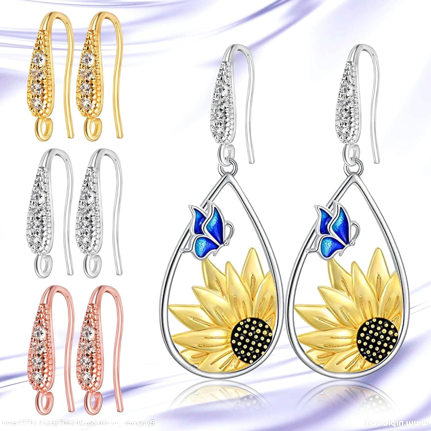 12pcs Cubic Zirconia Earring Hooks Hypoallergenic Brass French Ear Wire Fish Hooks Rhinestone Earrings with Loop for DIY Dangle Earrings Jewelry Making, 3 Colors