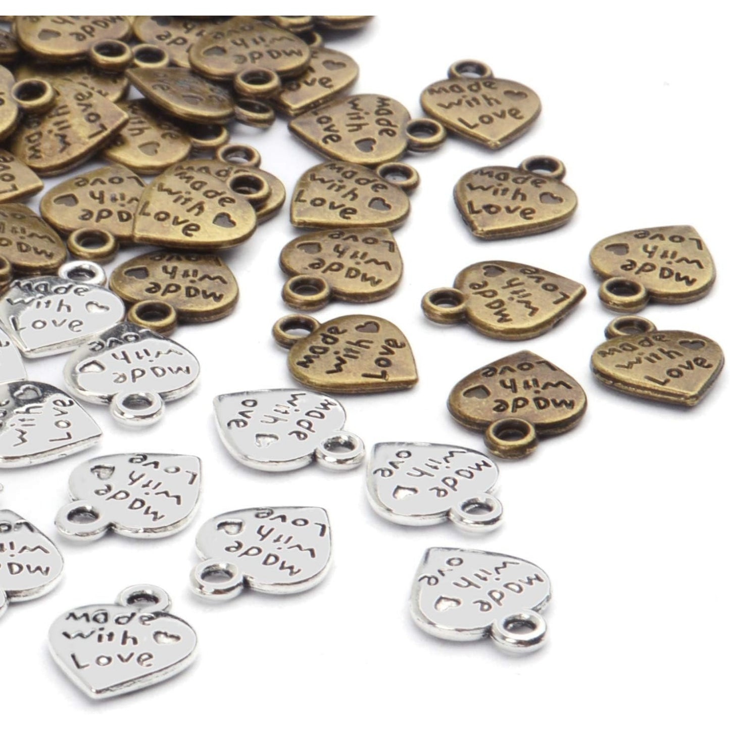 100pcs Peach Heart Shape MADE WITH LOVE Charm pendant for DIY Crafting jewelry Making(Antique Silver and Bronze)