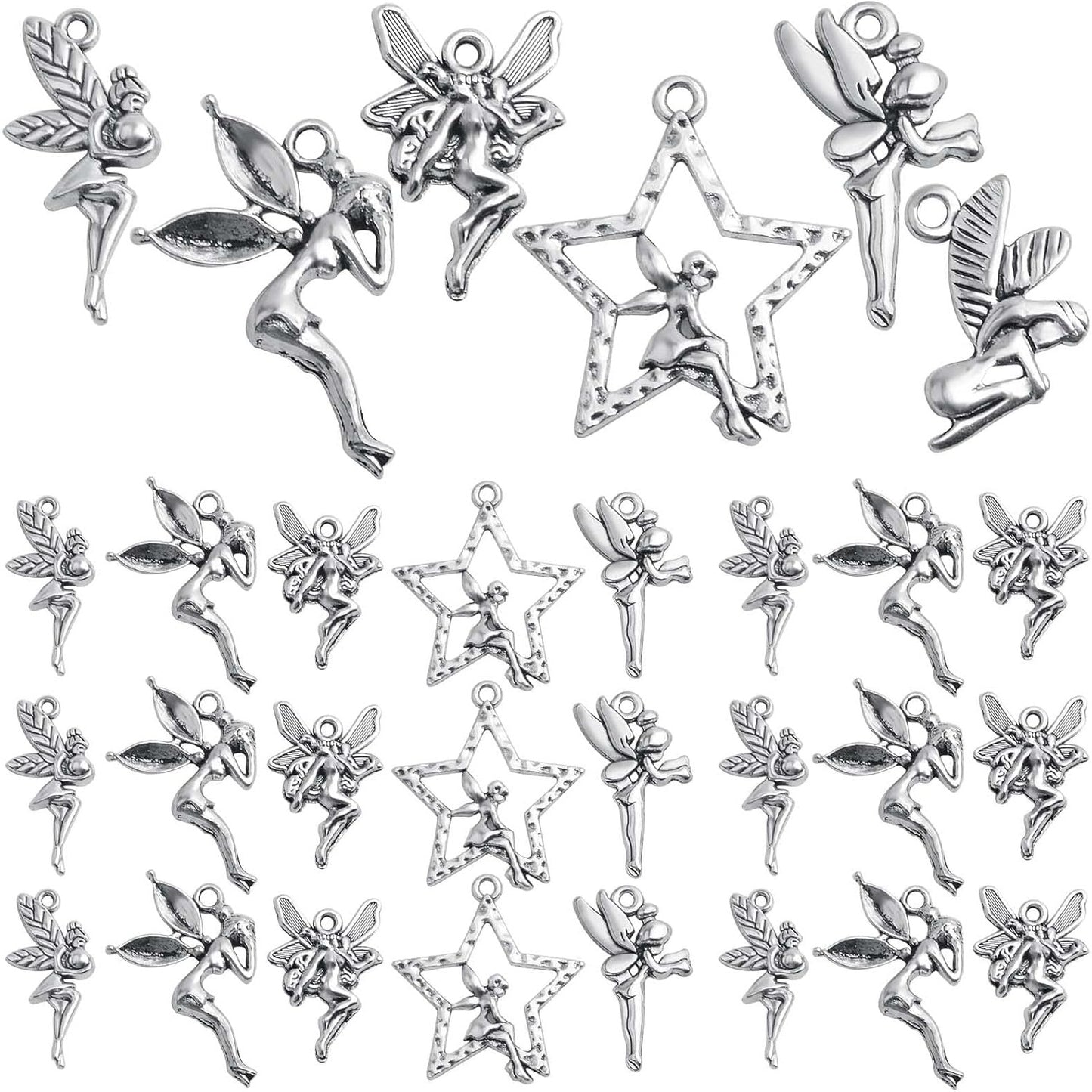 60pcs Antique Silver Angel Charms Vintage Alloy Fairy on Star Pendants Angel Fairy Dangle Charms Crafts Supplies for DIY Necklace Bracelet Earrings Jewelry Making, 6 Styles