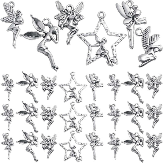 60pcs Antique Silver Angel Charms Vintage Alloy Fairy on Star Pendants Angel Fairy Dangle Charms Crafts Supplies for DIY Necklace Bracelet Earrings Jewelry Making, 6 Styles
