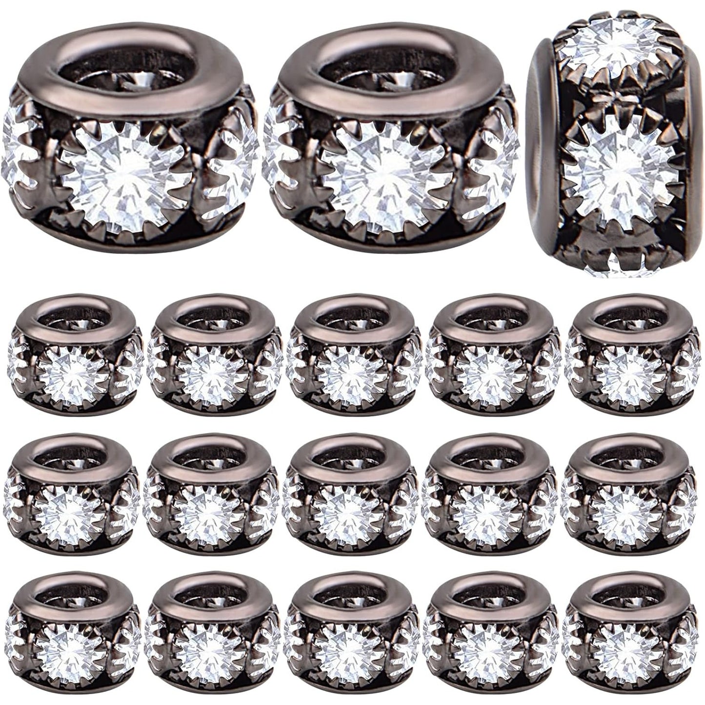 40pcs Large Hole Rhinestone Spacer Beads European Rondelle Loose Beads Accessories for DIY Bracelet Snake Chain Charm Jewelry Making Decor, Hole: 3.9 mm, Gun Black