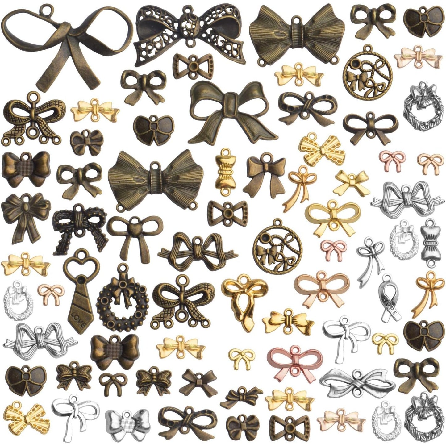 Bow Pendant Charms, 100 Gram(About 50-80pcs) Alloy Bow Tie Pendant Mixed Bow Pendant Handmade Bowknot Charms Crafts for Bracelet Necklace Jewelry Making, 10-70mm