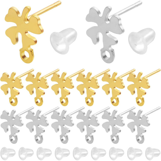 20pcs Stainless Steel Earring Posts with Loop Four Leaf Clover Stud Earrings and 20pcs Silicone Clear Earring Backs for Women DIY Jewelry Making Supplies Gifts, 2 Colors