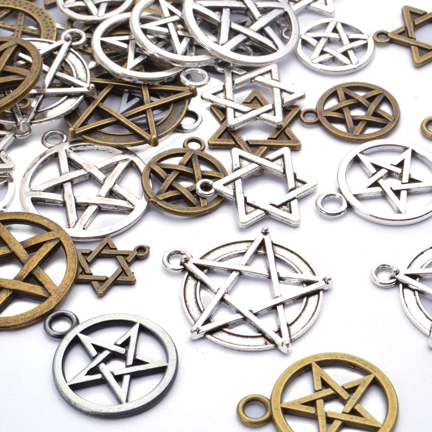 48pcs Mixed Pentagram Charms Round Star Pentacle Pendants Antique Jewelry Accessories for Necklace Bracelet Crafting