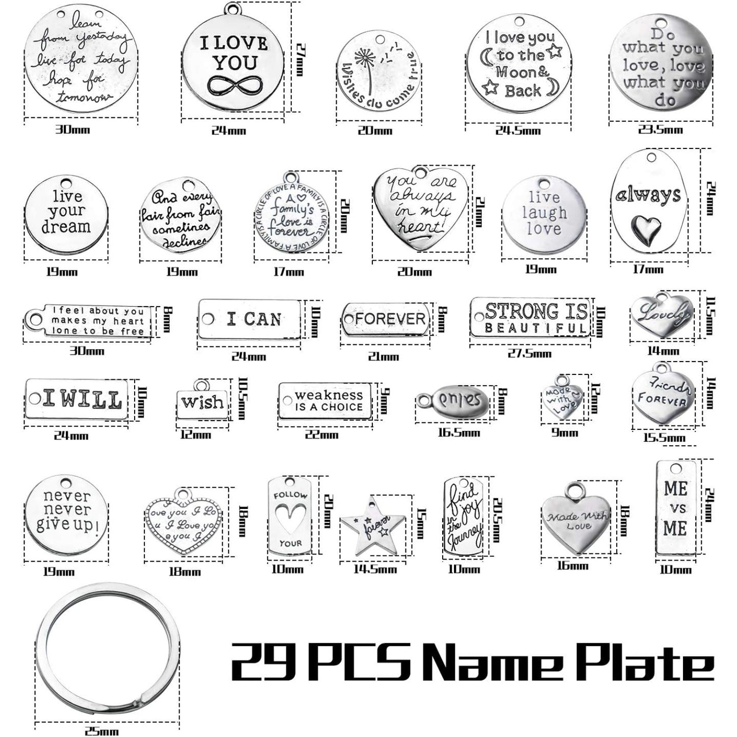 259pcs Metal Words Charms Inspirational Charms Jewelry Charm Pendants with Open Jump Rings Key Rings for DIY Jewelry Making Crafts Supplies
