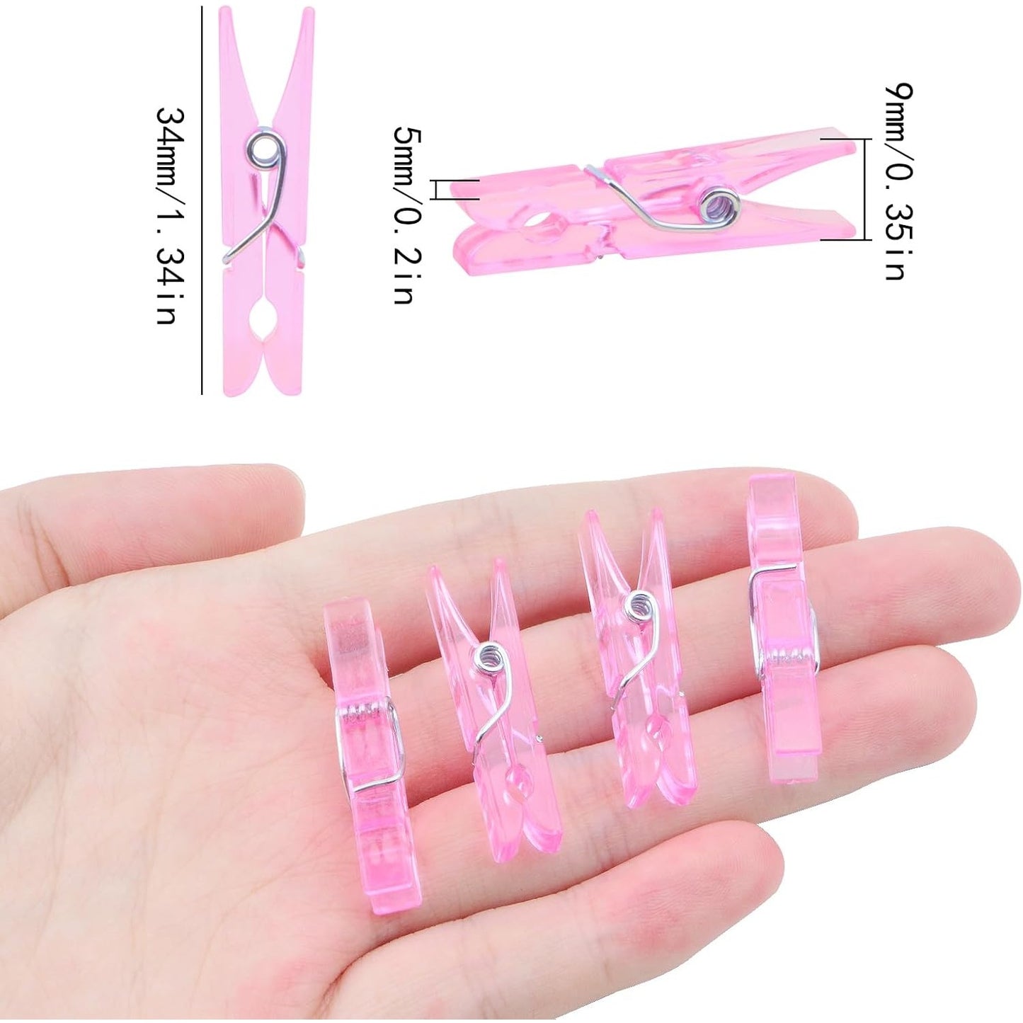 100 Pieces Clear Plastic Clothespins Mini Transparent Craft Clips Pictures Paper Peg Pins for Hanging Photos String Fairy Lights Wedding Party Decor, Pink