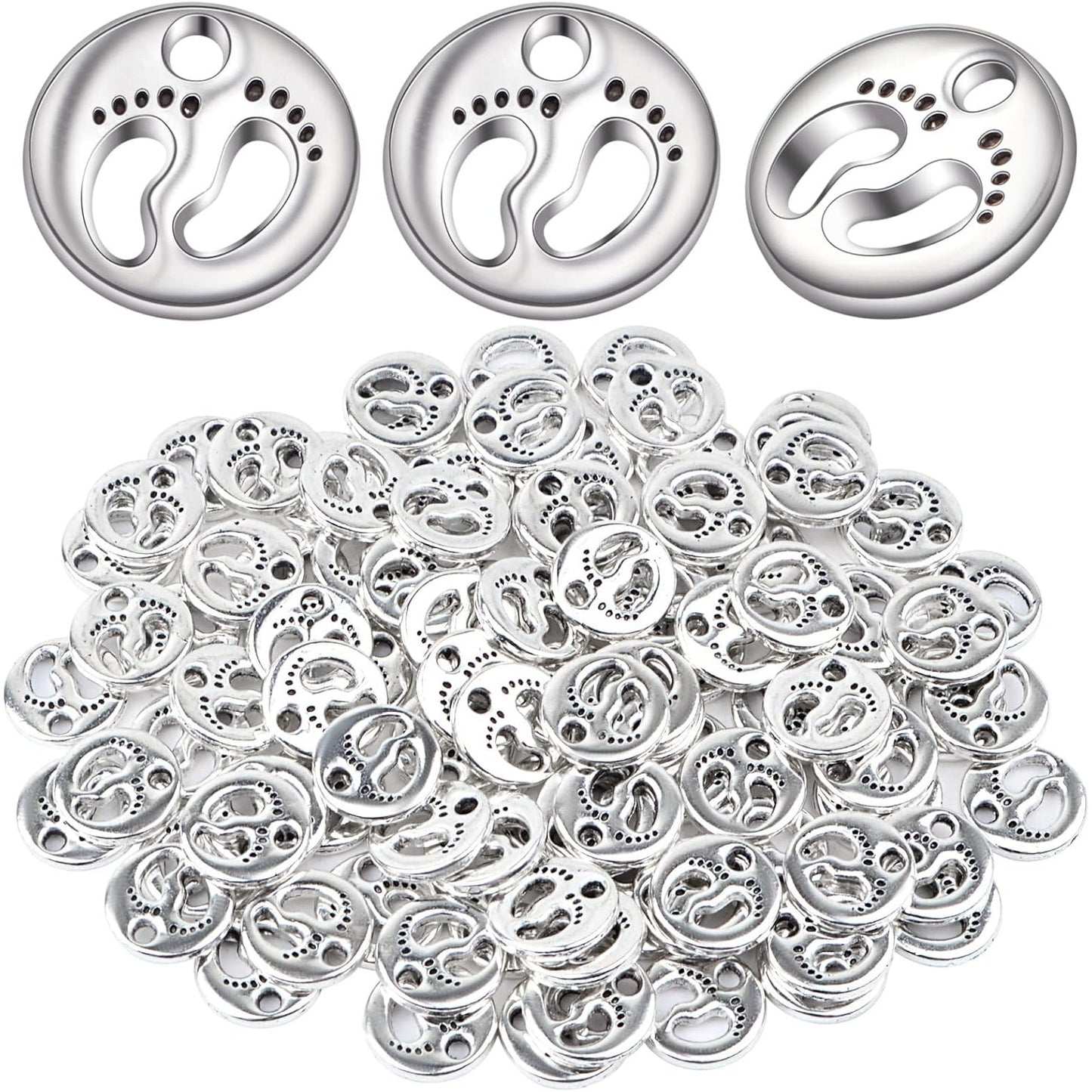 100 Pieces Antique Silver Small Foot Footprint Beads Charms Tibetan Alloy Feet Shape Print Dangle Pendants for DIY Bracelet Necklace Jewelry Making Findings