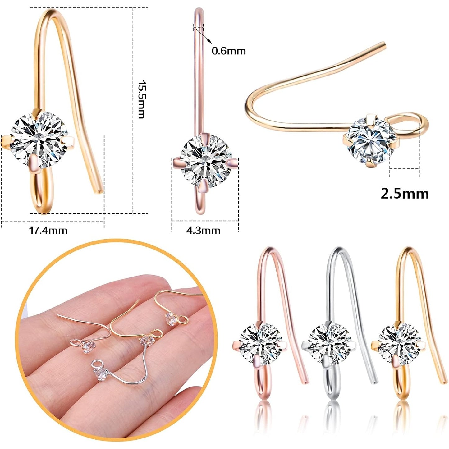 30pcs 3 Colors French Diamonds Earring Hooks Brass Ear Wire Fish Hook Earrings Hypo-allergenic Elegant Dangle Earrings for DIY Jewelry Crafts Making Wedding Prom