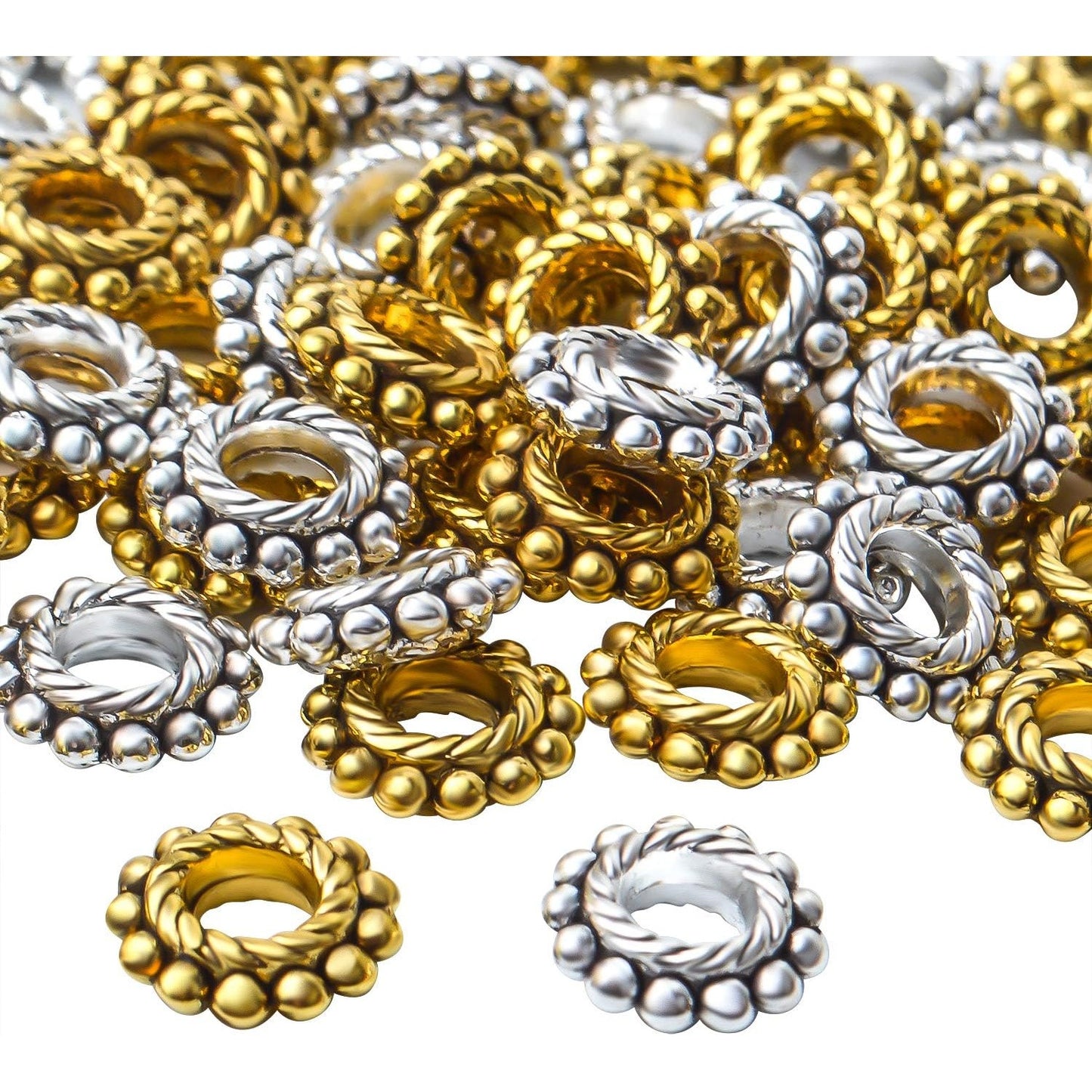 100pcs Alloy 8mm Spacer Beads - Jewelry Spacer Beads with A Box for DIY Bracelet Making (Antique Silver and Antique Gold)