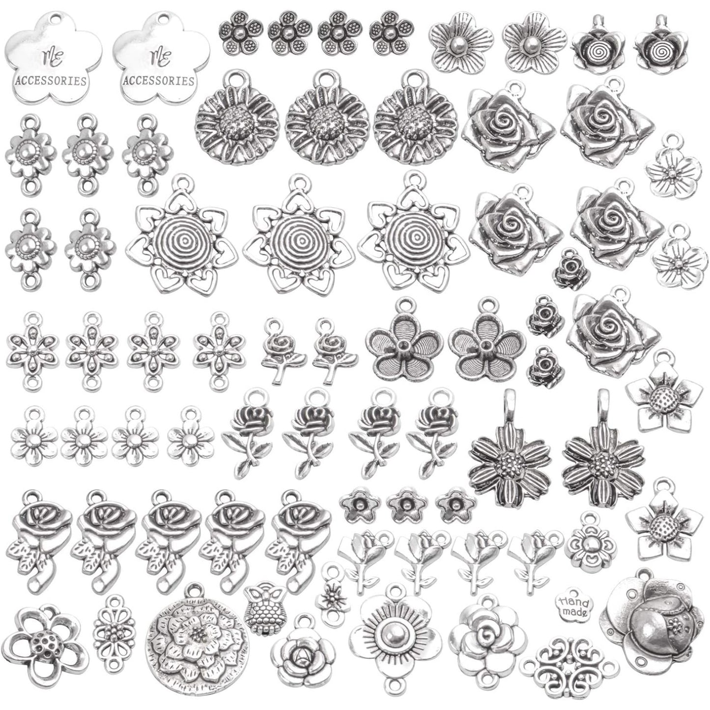 100g Craft Supplies Mixed Rose Flower Charms Pendants Alloy Flower Charm Beads Link Connectors for DIY Bracelet Necklace Keychain Jewelry Making, Antique Silver
