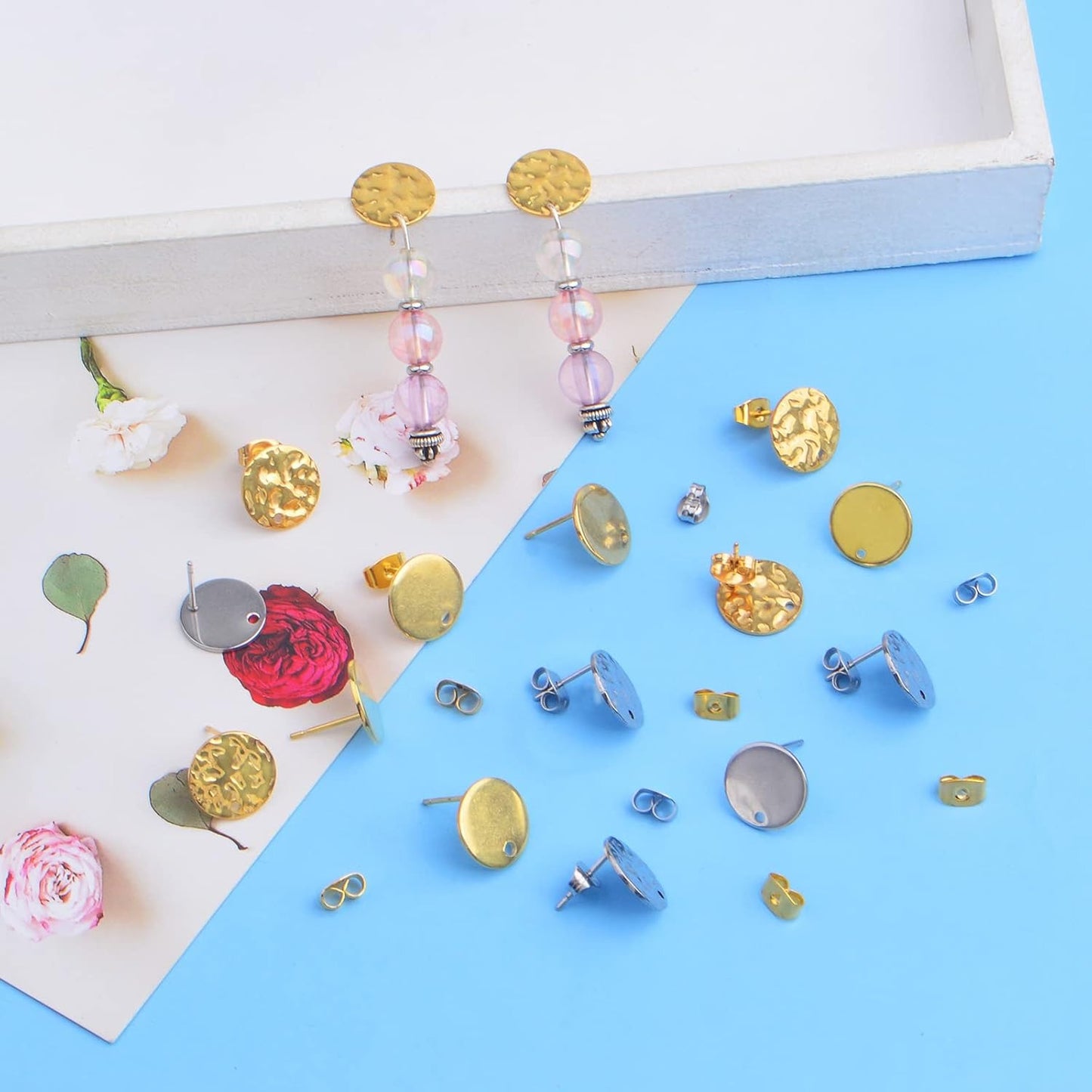 24pcs 12 mm 2 Styles Stainless Steel Earring Posts with Loop Blank Flat Round Stud Earrings and 24pcs Butterfly Earring Backs for DIY Jewelry Making Findings, 2 Colors