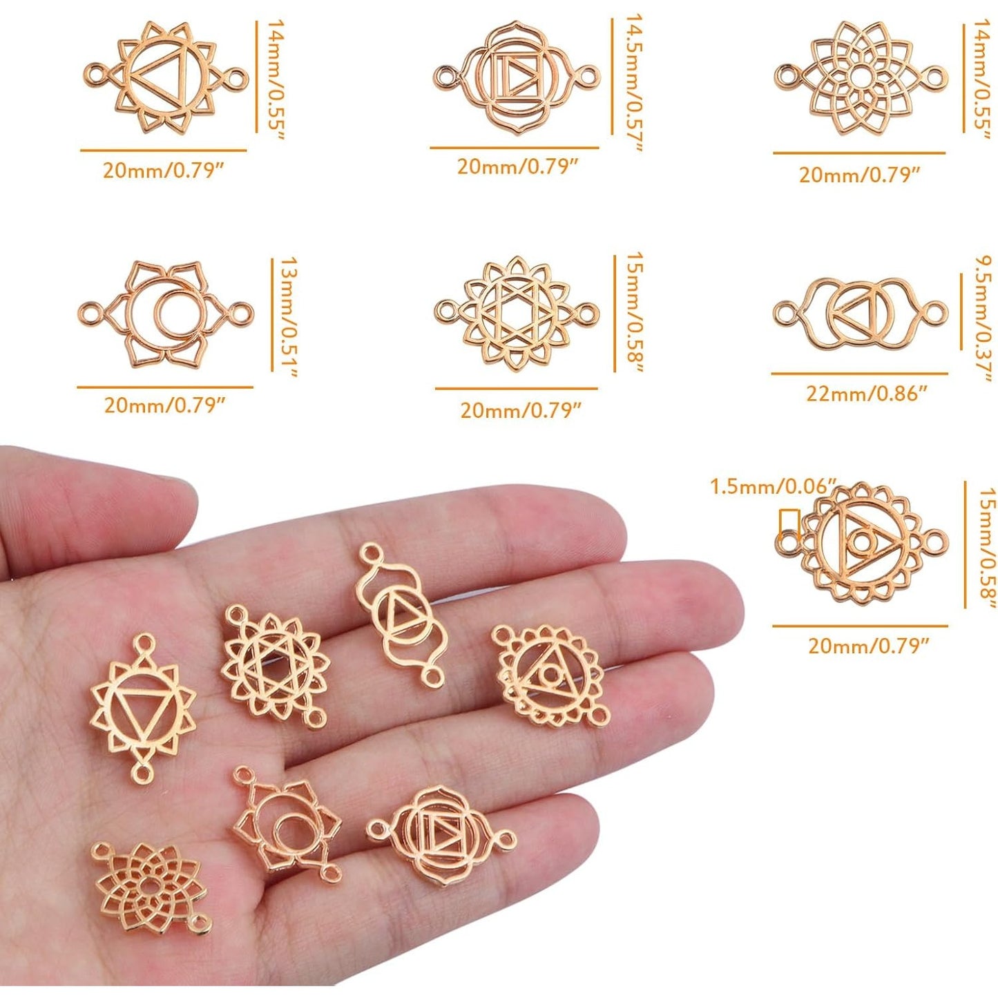 70pcs KC Golden Chakra Energy Charms Connectors Alloy Yoga Inspirational Hollow Flower Chakra Pendants Links for DIY Bracelet Necklace Jewelry Making Supplies, 7 Styles