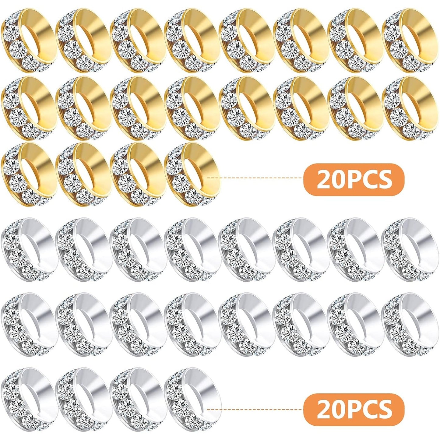 40pcs Crystal Rhinestone Spacer Beads Rondelle Loose Bead Brass European Large Hole Charm Beads for Necklaces Bracelets Crafts Jewelry Making Accessories, Golden and Silver