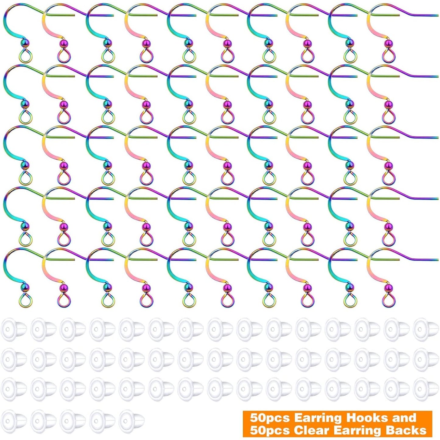 50pcs Stainless Steel Earring Hooks Hypoallergenic Ear Wires Earring Fish Hooks with 50pcs Clear Silicone Earring Backs for DIY Jewelry Making(Rainbow Color)