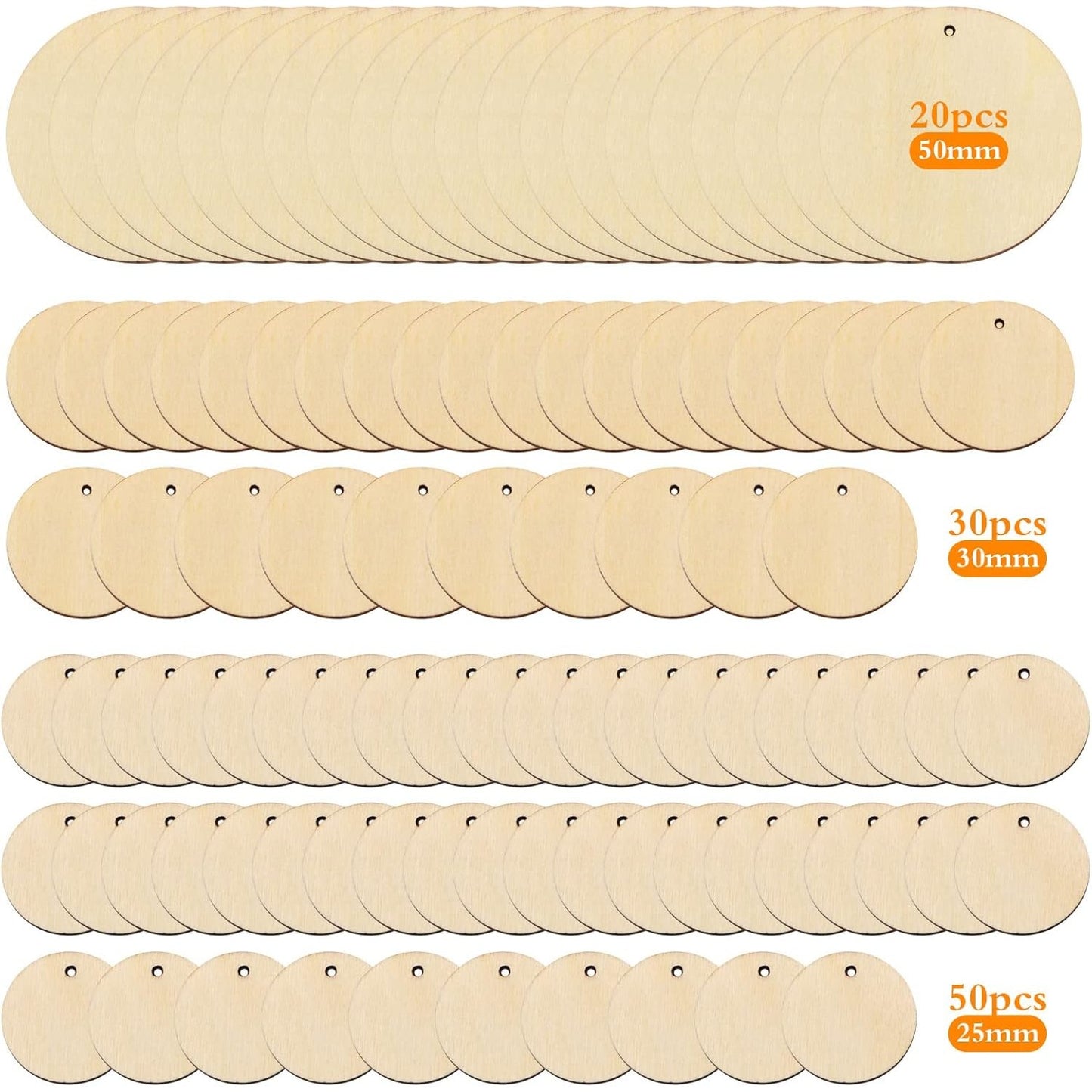 100pcs Natural Wooden Circles Unfinished Round Disc Wood Slices Circle Wood Chips Pieces with Holes for DIY Art Crafts Projects Jewelry Making Decoration, 3 Sizes