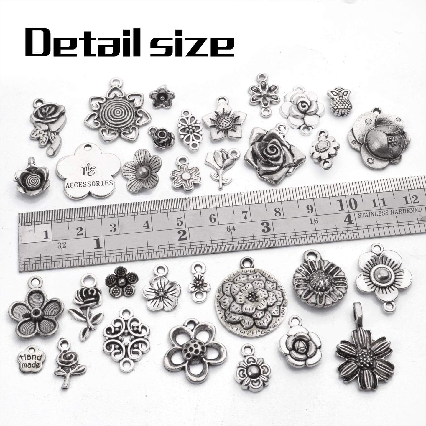 100g Craft Supplies Mixed Rose Flower Charms Pendants Alloy Flower Charm Beads Link Connectors for DIY Bracelet Necklace Keychain Jewelry Making, Antique Silver
