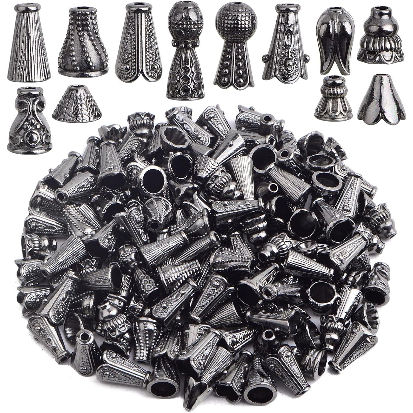 100 Gram (About 110-150pcs) Assorted Styles Cone Bead Caps Tibetan Alloy Flower Spacer Bead Caps Tassel End Caps for DIY Crafts Jewelry Making Supplies, Gun Black