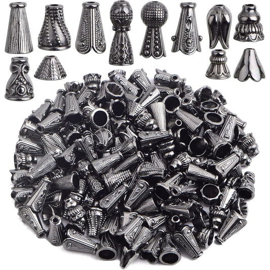100 Gram (About 110-150pcs) Assorted Styles Cone Bead Caps Tibetan Alloy Flower Spacer Bead Caps Tassel End Caps for DIY Crafts Jewelry Making Supplies, Gun Black