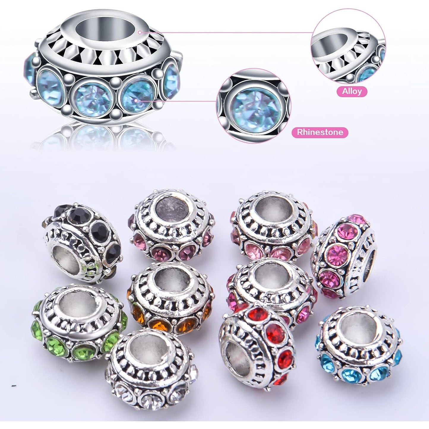 Large Hole European Beads, 20pcs 10 Styles Rondelle Rhinestone Beads Crystal Charm Spacer Beads for DIY Bracelet Snake Chain Jewelry Making, 11 mm x 7 mm, Hole: 4.4 mm