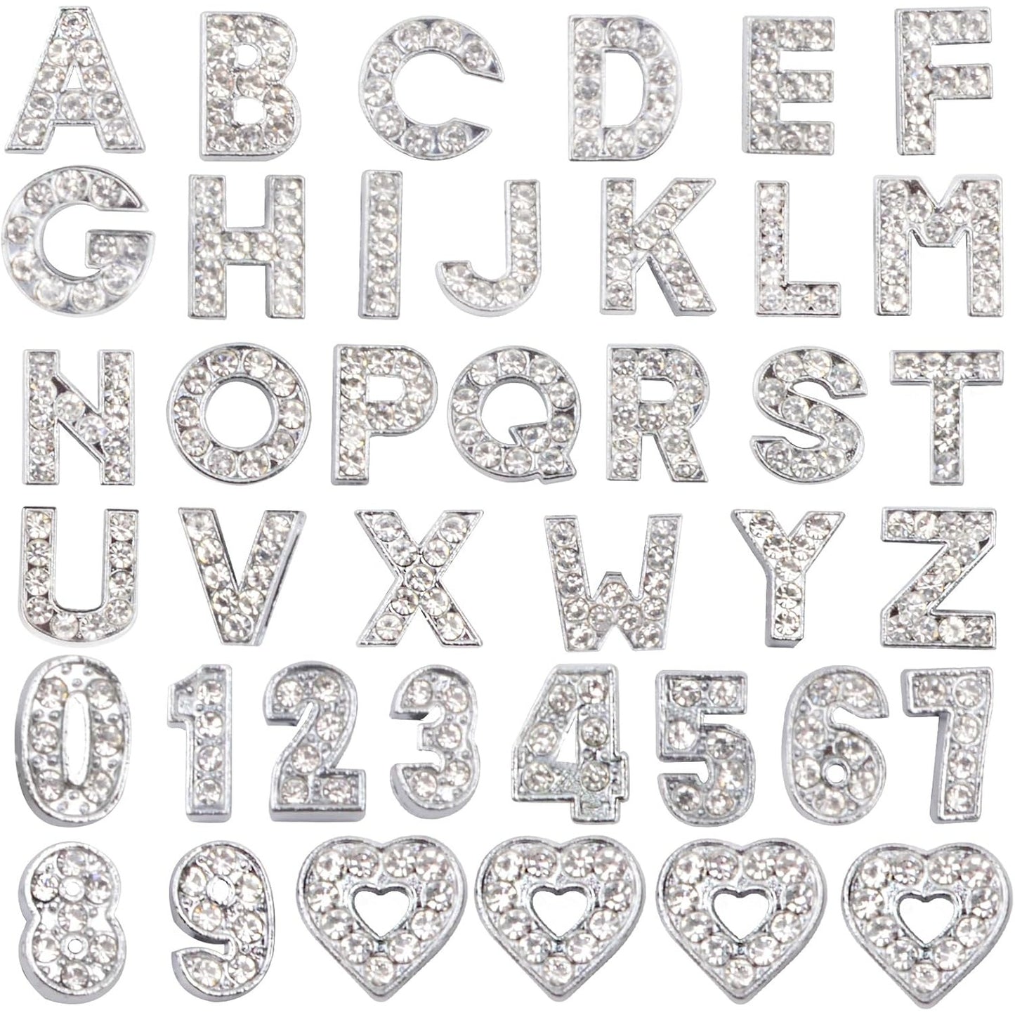 40pcs 8mm Full Rhinestones Slide Charms Alloy Crystal Alphabet Letters A-Z with Numbers 0-9 and Hearts for DIY Bracelets Wristbands Necklaces Jewelry Making Supplies, Sliver