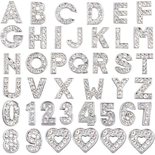 40pcs 8mm Full Rhinestones Slide Charms Alloy Crystal Alphabet Letters A-Z with Numbers 0-9 and Hearts for DIY Bracelets Wristbands Necklaces Jewelry Making Supplies, Sliver