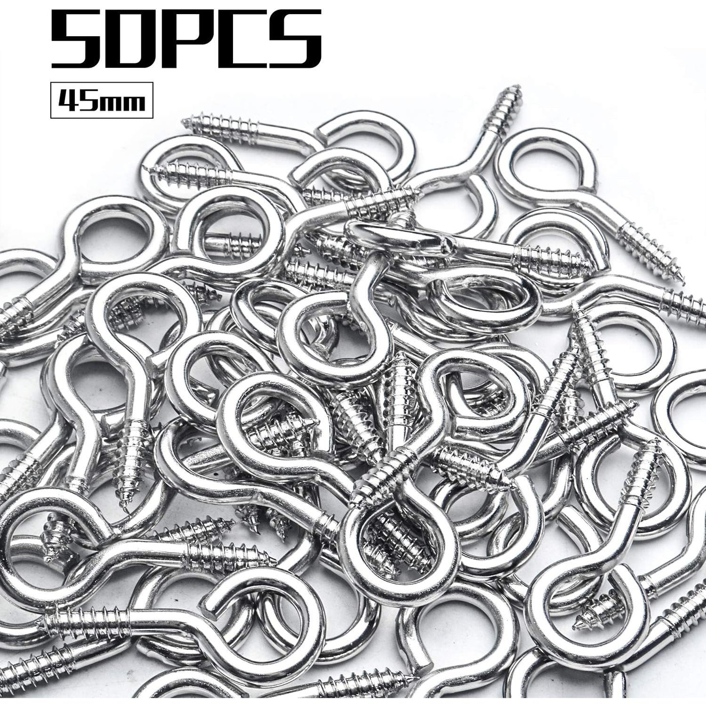 Eye Hooks Screws, 50pcs Metal Screw in Eyes Eye Pin Screws Lighting Ceiling Hooks Screw Hooks Kit for Home Office Outdoor DIY Art Crafts Projects Jewelry Making, 45x40mm
