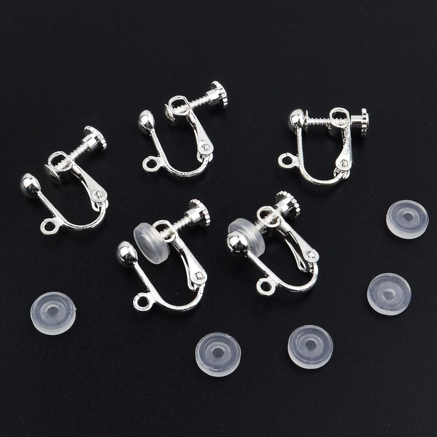 24pcs Clip-on Earring Converters Brass Screw Back Earwire Non Pierced Earring Components with Loop and 24pcs Anti-Pain Ear Pads for DIY Jewelry Making, Bright Silver
