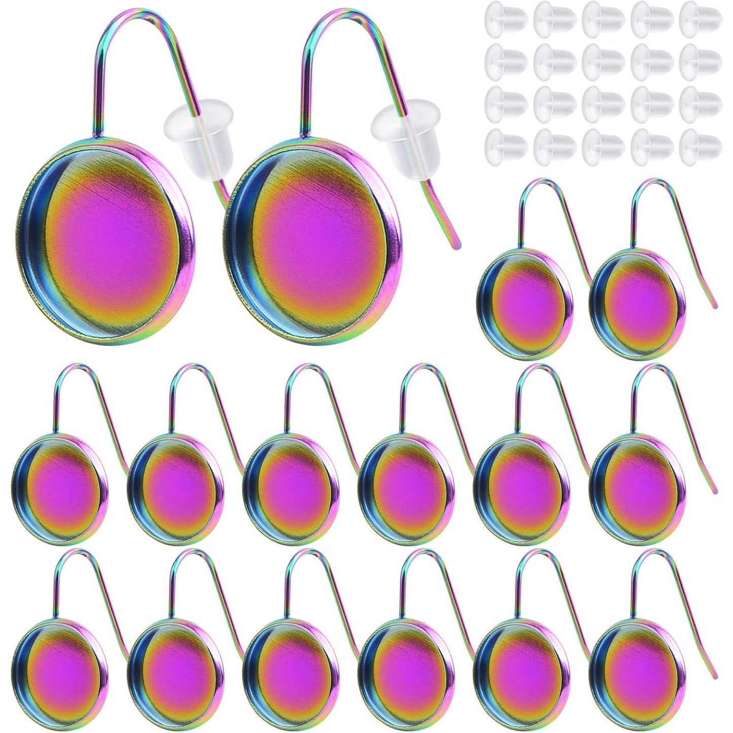 20pcs 12mm Rainbow Color Earring Wire Hooks Blanks Stainless Steel Flat Round Bezel Trays Cabochon Settings and 20pcs Earring Backs for DIY Earrings Jewelry Making Supplies