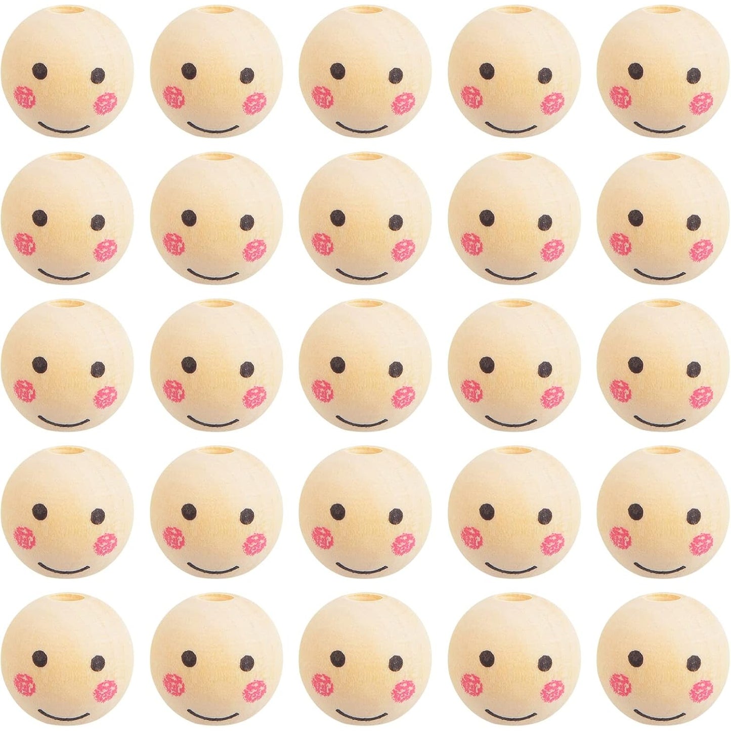 100pcs 16 mm Smile Face Natural Wood Beads Round Ball Smiley Wooden Spacer Beads Head Loose Crafts Beads for DIY Jewelry Making Chiristmas Tree Wreath Decoration, Hole: 4 mm