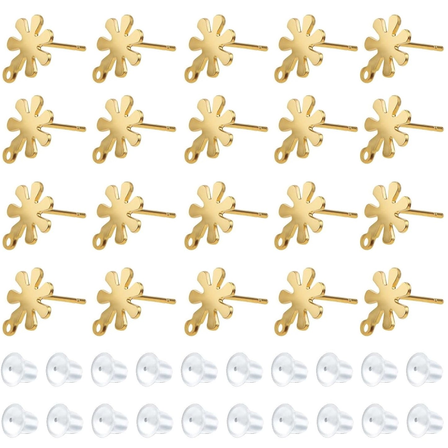 20pcs Stainless Steel Snowflake Earring Posts with Loops Hypoallergenic Stud Earrings with 20pcs Clear Earring Safety Backs for DIY Jewelry Making Findings, 2 Colors