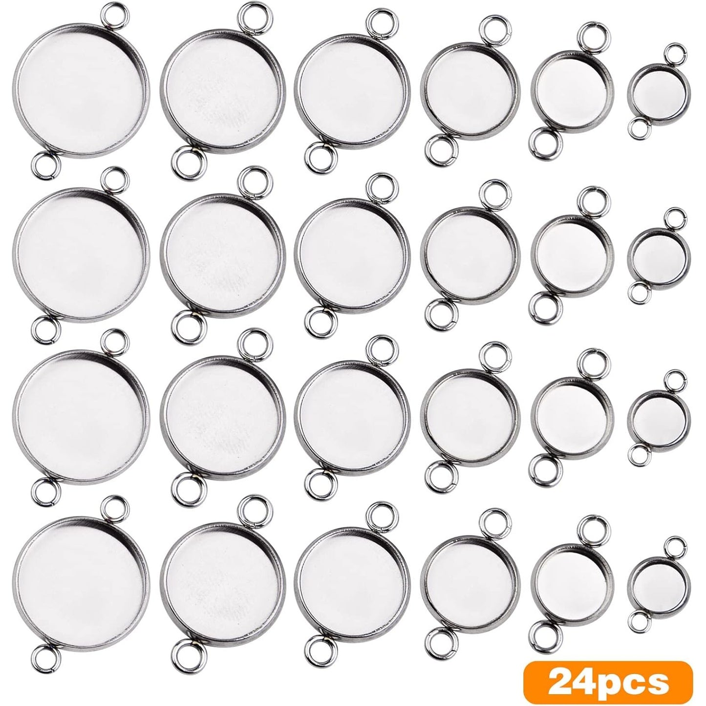 24pcs Stainless Steel Round Blank Bezel Pendant Cabochon Connectors Stud Earring Pendant Trays Blanks Links for DIY Jewelry Making Photo Resin Art Crafts, 6 Sizes