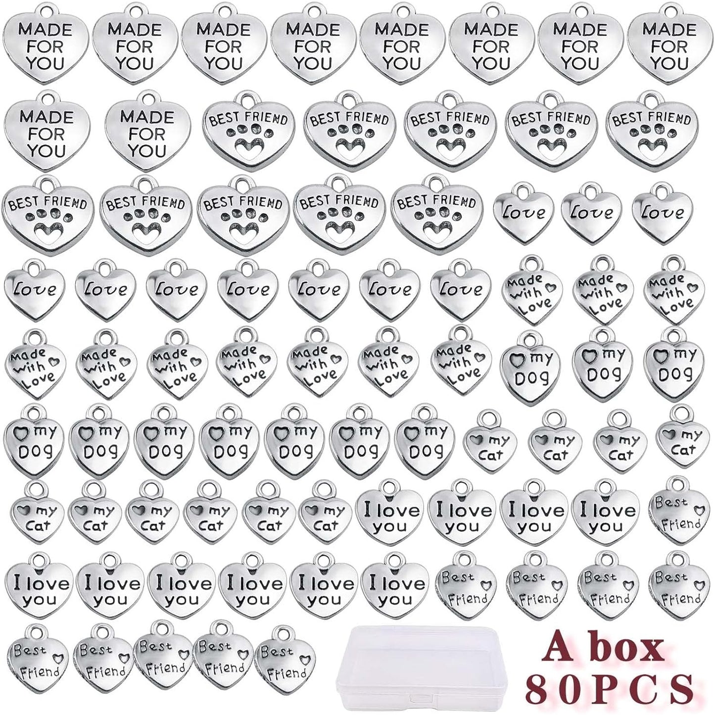 80pcs Mini Heart Shape Word Charms Alloy Engraved with Various Message Word Dangle Pendants with a Box for DIY Bracelet Necklace Jewelry Making Gift, Antique Silver
