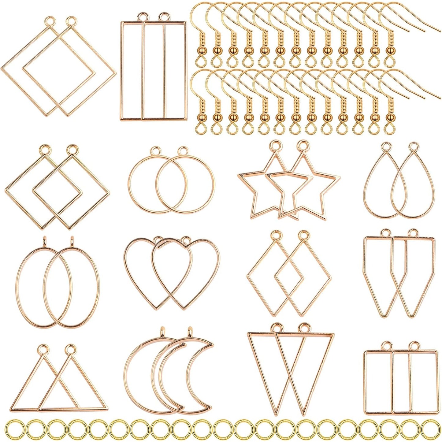 28pcs 14 Styles Hollow Frame Pendants Resin Craft Open Bezels Pendants Molds and 28pcs Earring Hooks with 28pcs Open Jump Rings for Resin Casting Earrings Jewelry Making Supplies