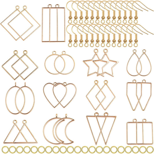 28pcs 14 Styles Hollow Frame Pendants Resin Craft Open Bezels Pendants Molds and 28pcs Earring Hooks with 28pcs Open Jump Rings for Resin Casting Earrings Jewelry Making Supplies